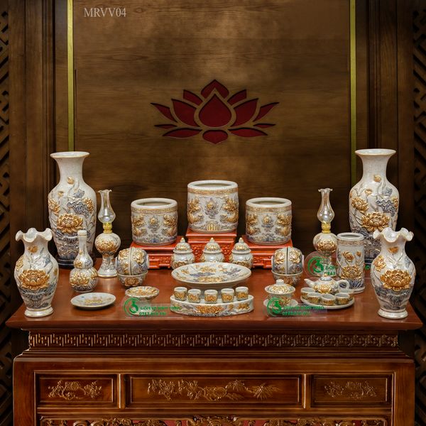  Đồ thờ Gốm sứ Bát Tràng Vẽ Vàng 24K Cao cấp Men rạn Đắp nổi - Hàng Nghệ nhân MRVV04 