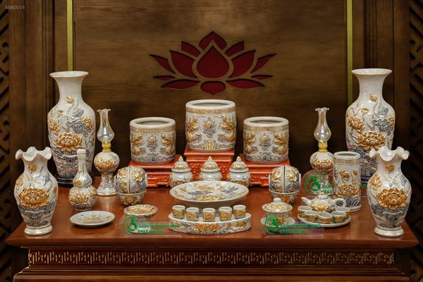  Đồ thờ Gốm sứ Bát Tràng Vẽ Vàng 24K Cao cấp Men rạn Đắp nổi - Hàng Nghệ nhân MRVV04 
