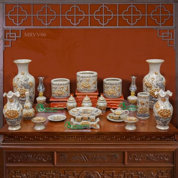  Bộ thờ cúng Bát Tràng cao cấp Vẽ Vàng 24k Men rạn Đắp nổi, bộ bát hương đầy đủ - Hàng Nghệ nhân MRVV06 