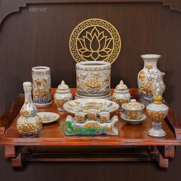  Bộ đồ thờ hoa sen Gốm sứ Bát Tràng Vẽ Vàng 24K Cao cấp Men rạn Đắp nổi - Hàng Nghệ nhân MRVV07 