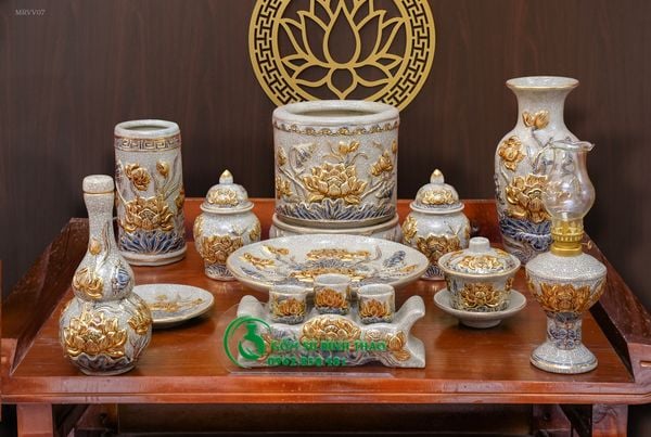  Bộ đồ thờ hoa sen Gốm sứ Bát Tràng Vẽ Vàng 24K Cao cấp Men rạn Đắp nổi - Hàng Nghệ nhân MRVV07 