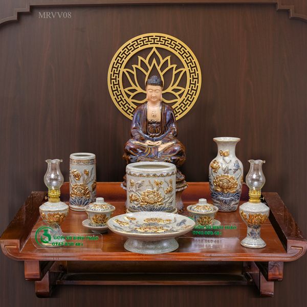  Bộ thờ hoa sen Gốm sứ Bát Tràng Vẽ Vàng 24K Cao cấp Men rạn Đắp nổi - Hàng Nghệ nhân MRVV08 