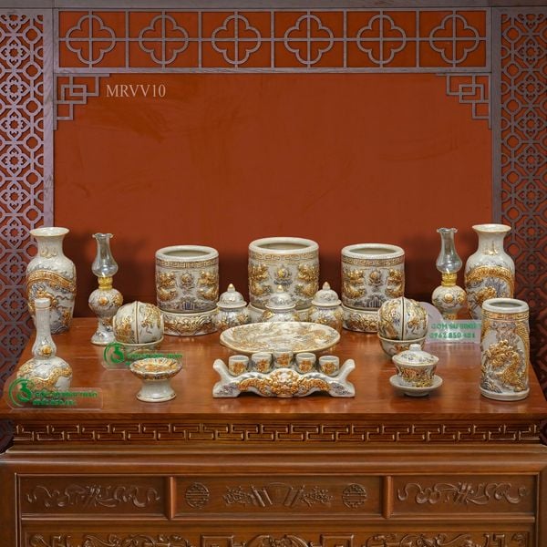  Bộ đồ thờ Gia tiên Tiêu chuẩn Gốm sứ Bát Tràng Vẽ Vàng 24K Cao cấp Men rạn Đắp nổi - Hàng Nghệ nhân MRVV10 