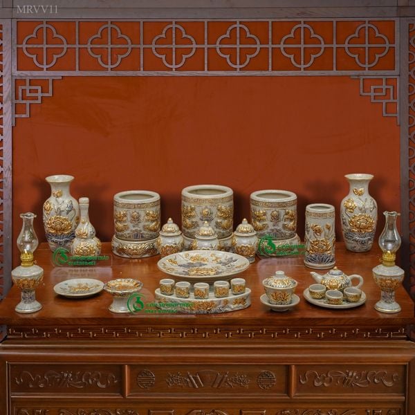  Bộ đồ thờ Bát Tràng Vẽ Vàng 24K Cao cấp Men rạn Đắp nổi - Hàng Nghệ nhân MRVV11 