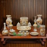  Bộ thờ 1 Bát hương Gốm sứ Bát Tràng Vẽ Vàng 24K Cao cấp Men rạn Đắp nổi - Hàng Nghệ nhân MRVV13 