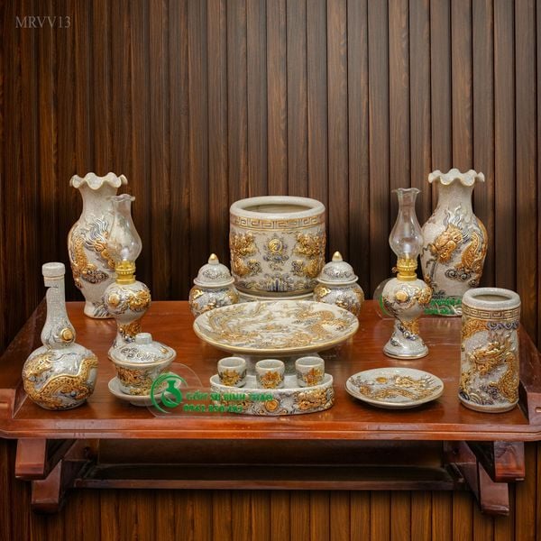  Bộ thờ 1 Bát hương Gốm sứ Bát Tràng Vẽ Vàng 24K Cao cấp Men rạn Đắp nổi - Hàng Nghệ nhân MRVV13 
