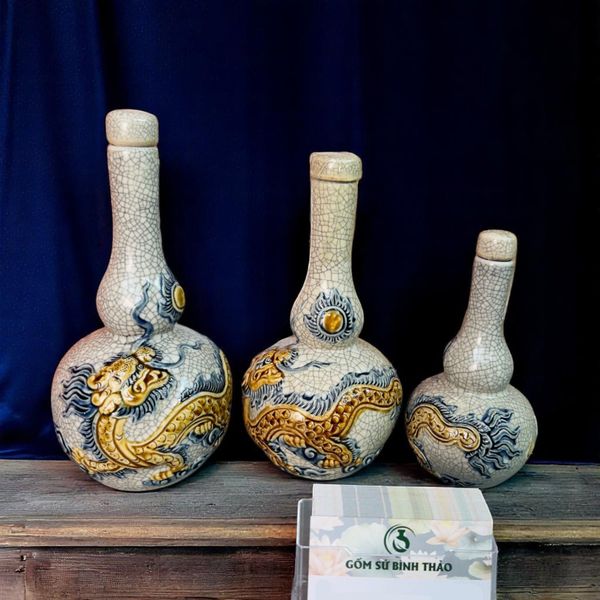  Nậm rượu 2 bầu Rồng Men rạn Đắp nổi PA 