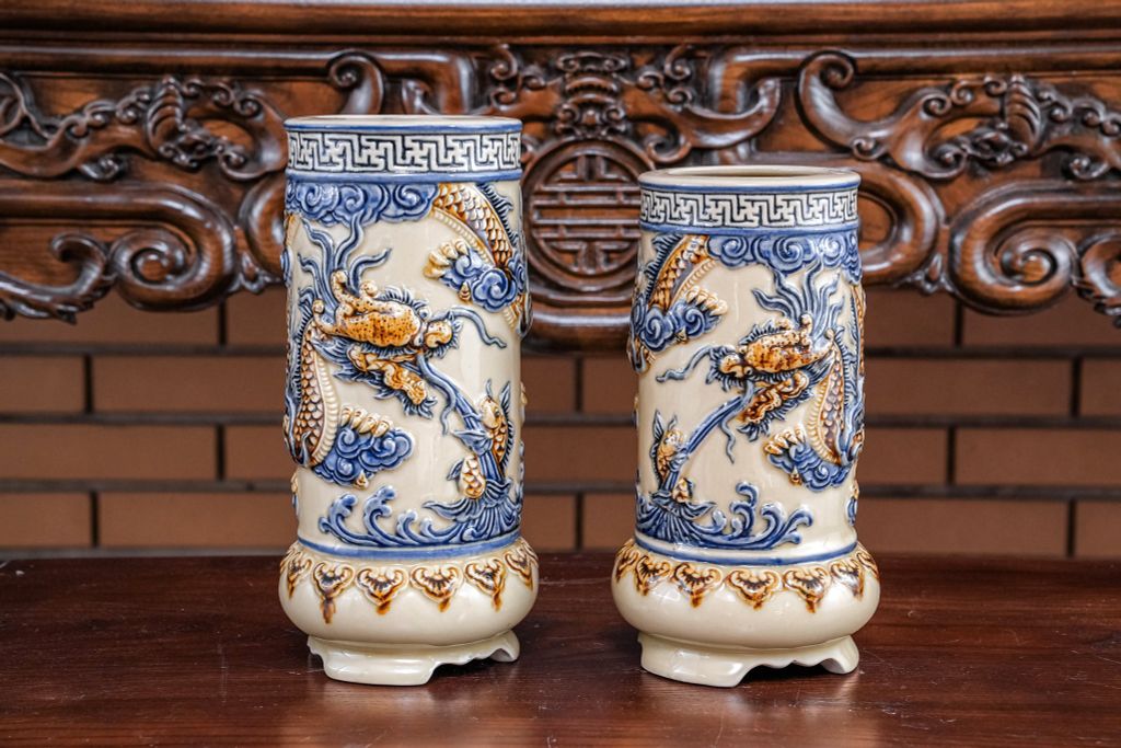  Ống hương Rồng Men hoàng thổ Đắp nổi Cao cấp - Gốm Nghệ nhân Bát Tràng 