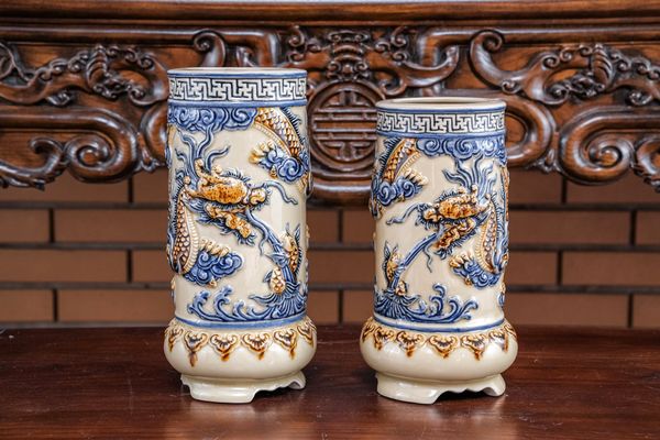  Ống hương Rồng Men hoàng thổ Đắp nổi Cao cấp - Gốm Nghệ nhân Bát Tràng 