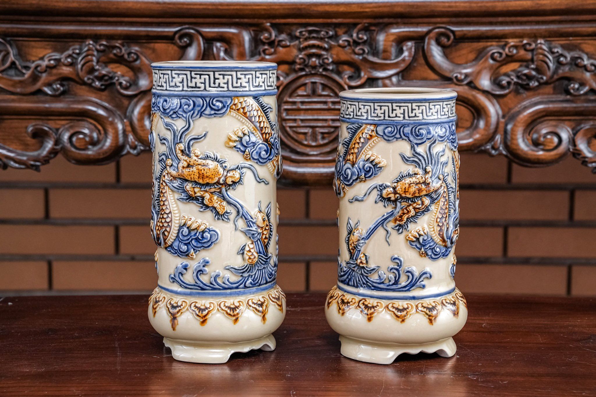  Ống hương Rồng Men hoàng thổ Đắp nổi Cao cấp - Gốm Nghệ nhân Bát Tràng 