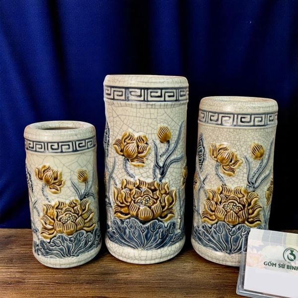  Ống hương Sen, Ống cắm hương Men rạn đắp nổi PA 