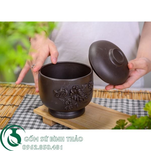  Âu đựng cặn đắp nổi tử sa Bát Tràng 