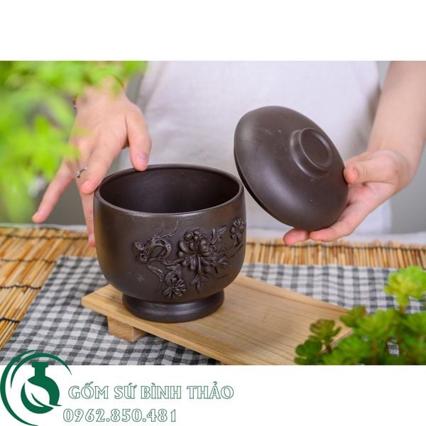  Âu đựng cặn đắp nổi tử sa Bát Tràng 