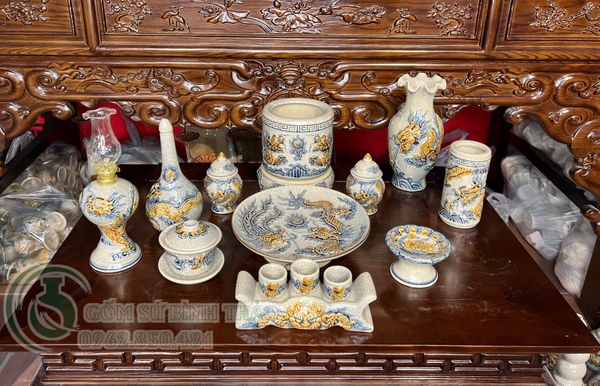  Bộ đồ thờ Gốm sứ Bát Tràng Ban thờ 1 Bát hương Men Rạn đắp nổi Bát Tràng hàng Nghệ nhân MRPA03 