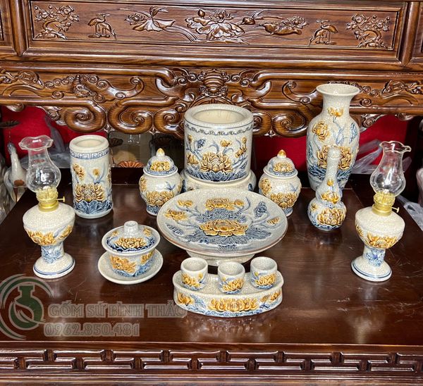  Đồ thờ Hoa sen thờ Phật Men Rạn đắp nổi Bát Tràng hàng Nghệ nhân MRPA06 