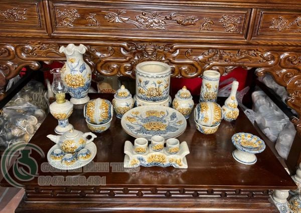  Bộ đồ thờ Bát Tràng Hoa sen Men Rạn đắp nổi hàng Nghệ nhân MRPA10 