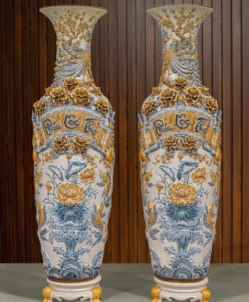  Lọ Lục Bình Phúc Lộc Thọ Men rạn đắp nổi Nghệ nhân Bát Tràng LBPLT-PA 