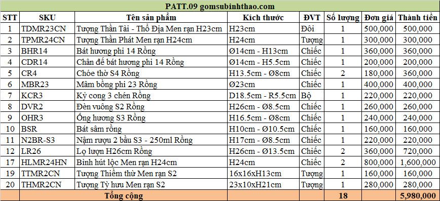  Đồ thờ Ban Thần tài Gốm sứ Bát Tràng - Men rạn Đắp nổi Gốm Nghệ nhân PATT09 