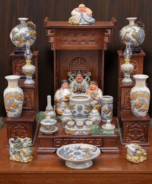  Trọn bộ bàn thờ ông địa Men rạn Đắp nổi - Gốm nghệ nhân Bát Tràng PATT13 