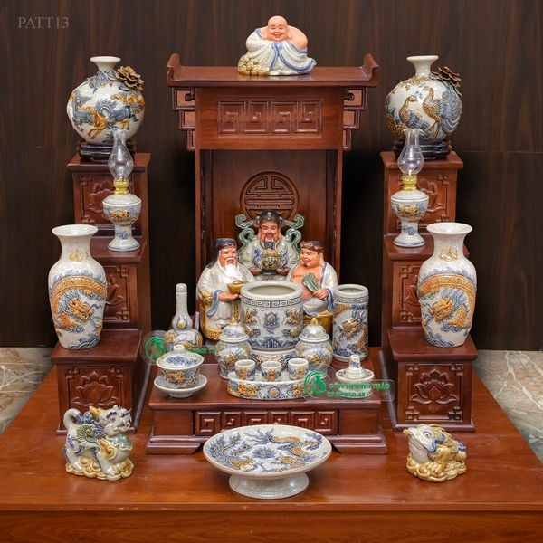  Trọn bộ bàn thờ ông địa Men rạn Đắp nổi - Gốm nghệ nhân Bát Tràng PATT13 