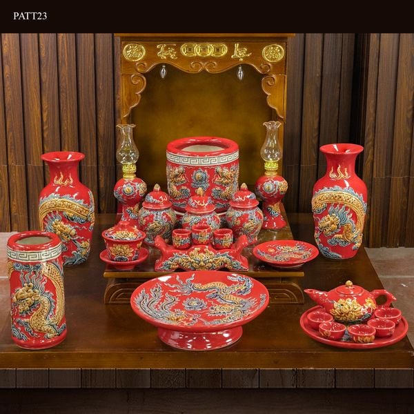  Bộ đồ thờ Thần tài Hợp mệnh Hỏa & Thổ - Gốm nghệ nhân Bát Tràng PATT23 