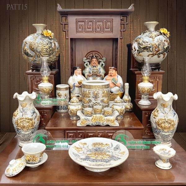  Bộ thờ Thần Tài Lộc Phát Men rạn Đắp nổi Vẽ vàng 24K Cao cấp - Gốm nghệ nhân Bát Tràng PATT15 