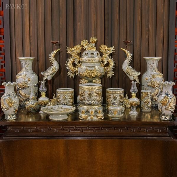  Ban thờ Men Rạn đắp nổi Vẽ Vàng 24K Cao cấp Bát Tràng hàng Nghệ nhân PAVK01 