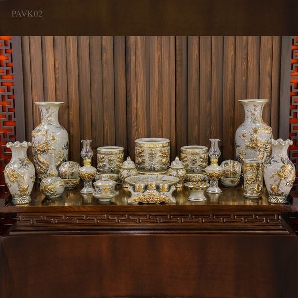  Đồ thờ cúng Bát Tràng Men Rạn đắp nổi Vẽ Vàng Cao cấp hàng Nghệ nhân PAVK02 