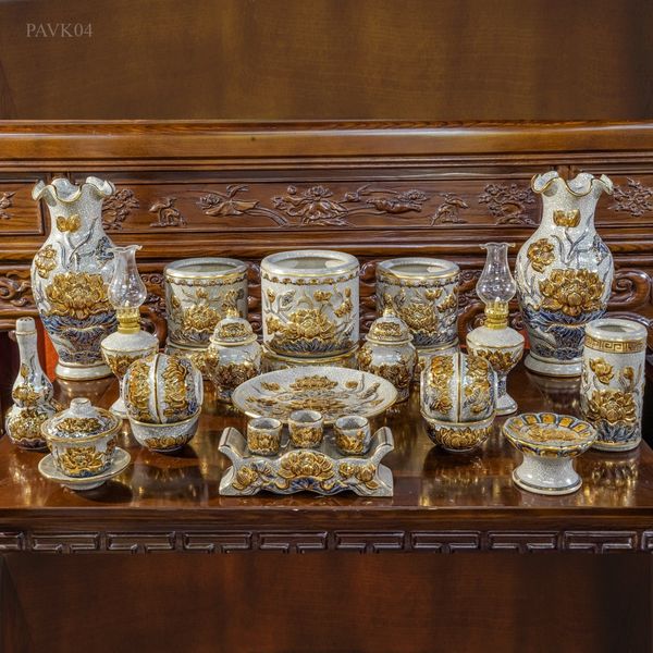 Bộ đồ thờ Phật Men Rạn đắp nổi Vẽ Vàng 24K Cao cấp Bát Tràng hàng Nghệ nhân PAVK04 