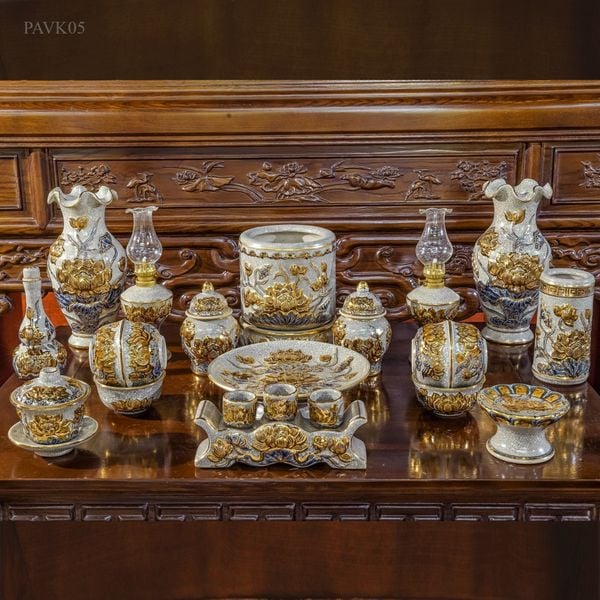  Bộ đồ thờ Phật Hoa Sen Men Rạn đắp nổi Vẽ Vàng 24K Cao cấp Bát Tràng hàng Nghệ nhân PAVK05 