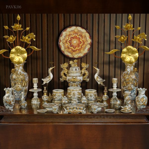  Bộ đồ thờ Đẹp Gốm sứ Nghệ nhân Bát Tràng Men Rạn đắp nổi Vẽ Vàng 24K Cao cấp PAVK06 