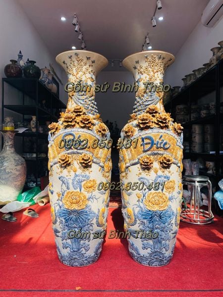  Lộc Bình Phúc Đức Cửu Ngư men rạn đắp nổi Bát Tràng LBPD-PA 