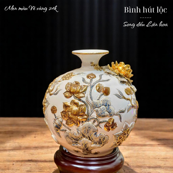  Bình hút tài lộc - Song điểu Liên hoa - Đắp nổi men màu - Hàng vẽ vàng 24k Cao cấp Bát Tràng HLSASHVV 