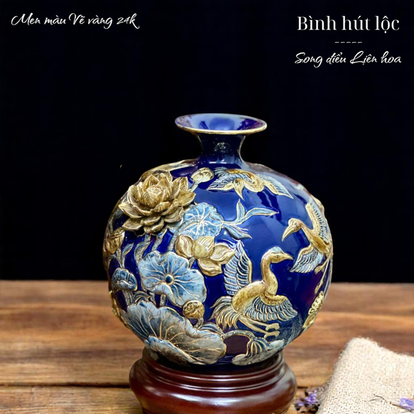  Bình hút tài lộc - Song điểu Liên hoa - Đắp nổi men màu - Hàng vẽ vàng 24k Cao cấp Bát Tràng HLSASHVV 