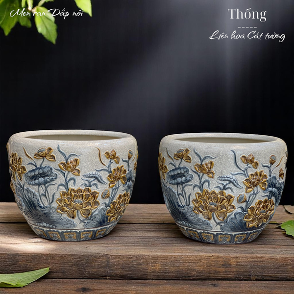  Thống men rạn đắp nổi - Liên hoa cát tường 