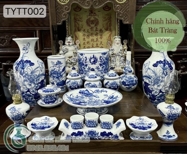  Bộ đồ thờ Thần Tài Bát Tràng men Trắng Họa tiết Lam TYTT002 