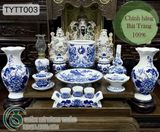  Bộ đồ thờ Thần Tài Bát Tràng men Trắng Họa tiết Lam TYTT003 