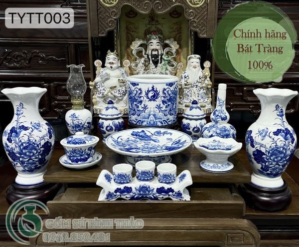  Bộ đồ thờ Thần Tài Bát Tràng men Trắng Họa tiết Lam TYTT003 
