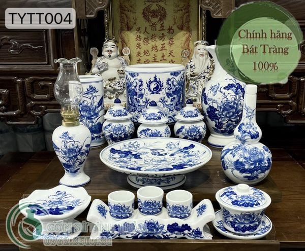  Bộ đồ thờ Thần Tài Bát Tràng men Trắng Họa tiết Lam TYTT004 