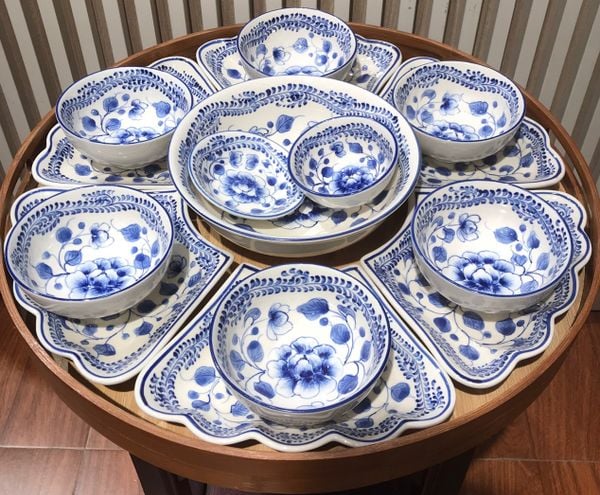  Bộ bát đĩa Hoa mặt trời Bát Tràng họa tiết Phù dung Phú quý DD 