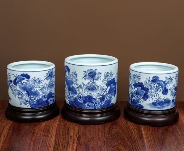  Bát hương Sen/ Liên hoa Cát tường Men Lam Vẽ tay LA 