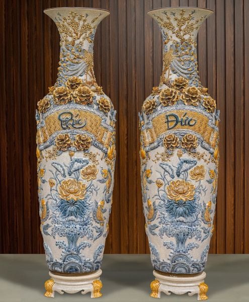  Lộc Bình Phúc Đức Cửu Ngư men rạn đắp nổi Bát Tràng LBPD-PA 