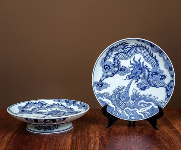  Mâm bồng Rồng Men Lam Vẽ tay LA 