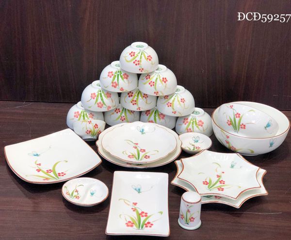  Bộ Bát đĩa Đào chuồn Đỏ hàng Bát Tràng Vẽ tay Cao cấp TĐ 