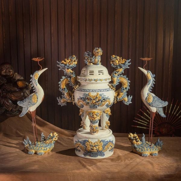  Đồ thờ gốm Bát Tràng đầy đủ men rạn đắp nổi, bộ đồ thờ gia tiên đầy đủ 3N4 