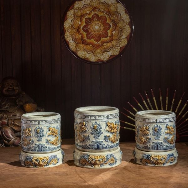  Bộ đồ thờ thần tài Bát Tràng men rạn đắp nổi 3N6 