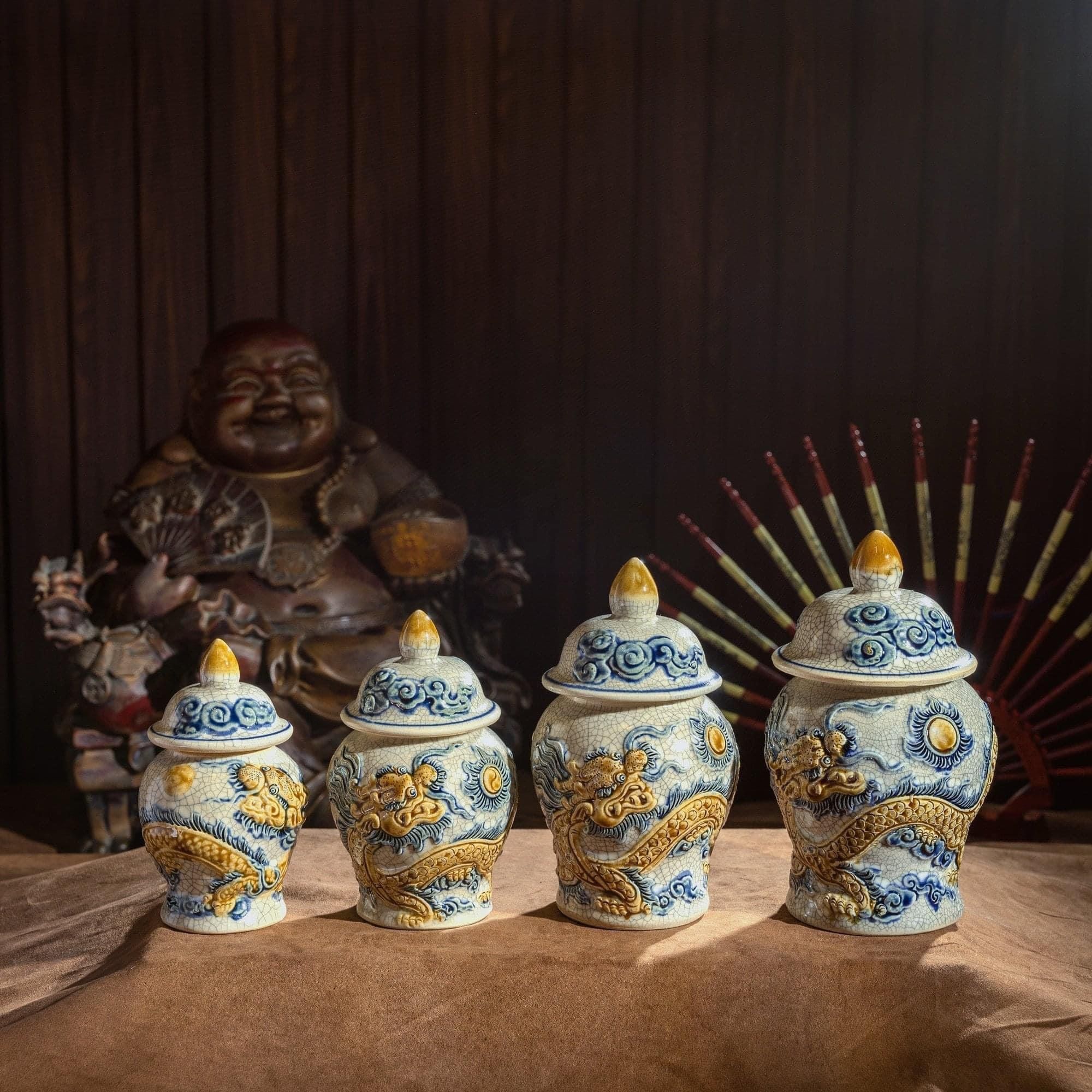  Bộ đồ thờ cúng 1 Bát hương Men Rạn đắp nổi Bát Tràng hàng Nghệ nhân MRPA04 