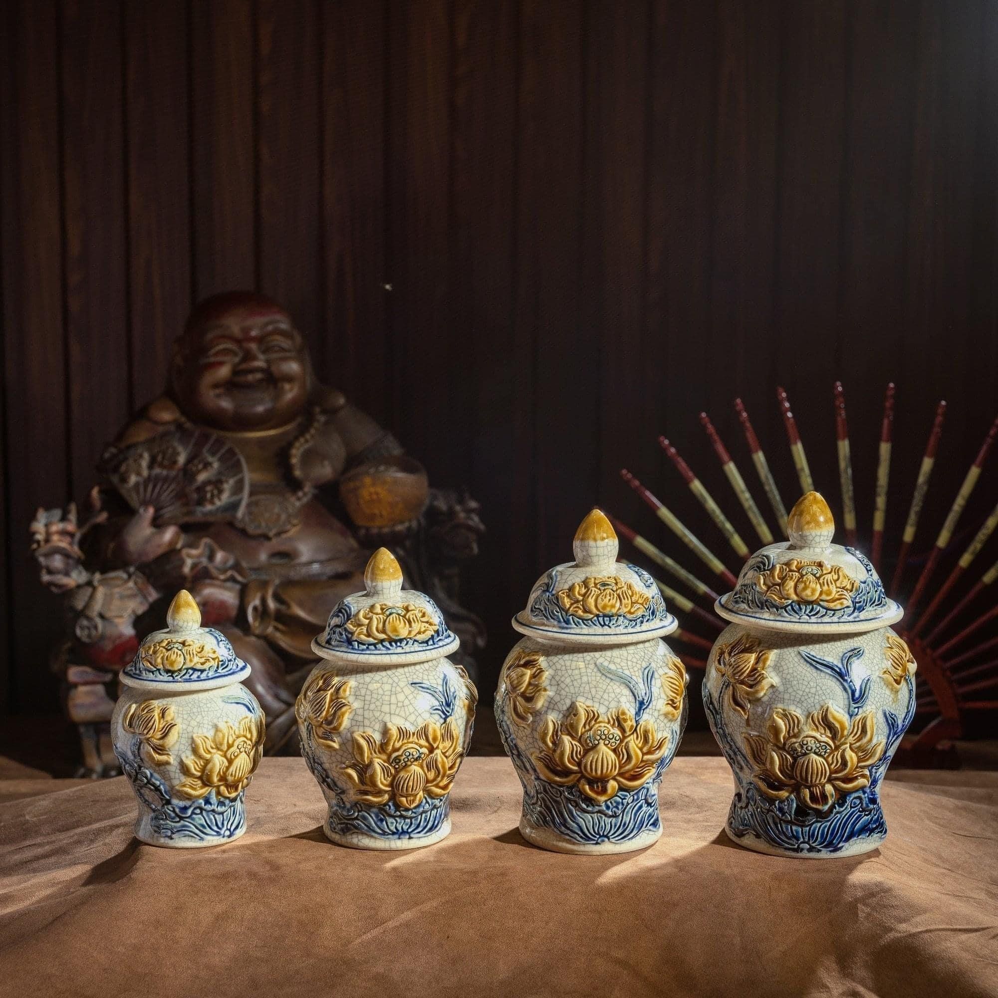  Bộ đồ thờ Hoa sen thờ Phật Men Rạn đắp nổi Bát Tràng hàng Nghệ nhân MRPA09 