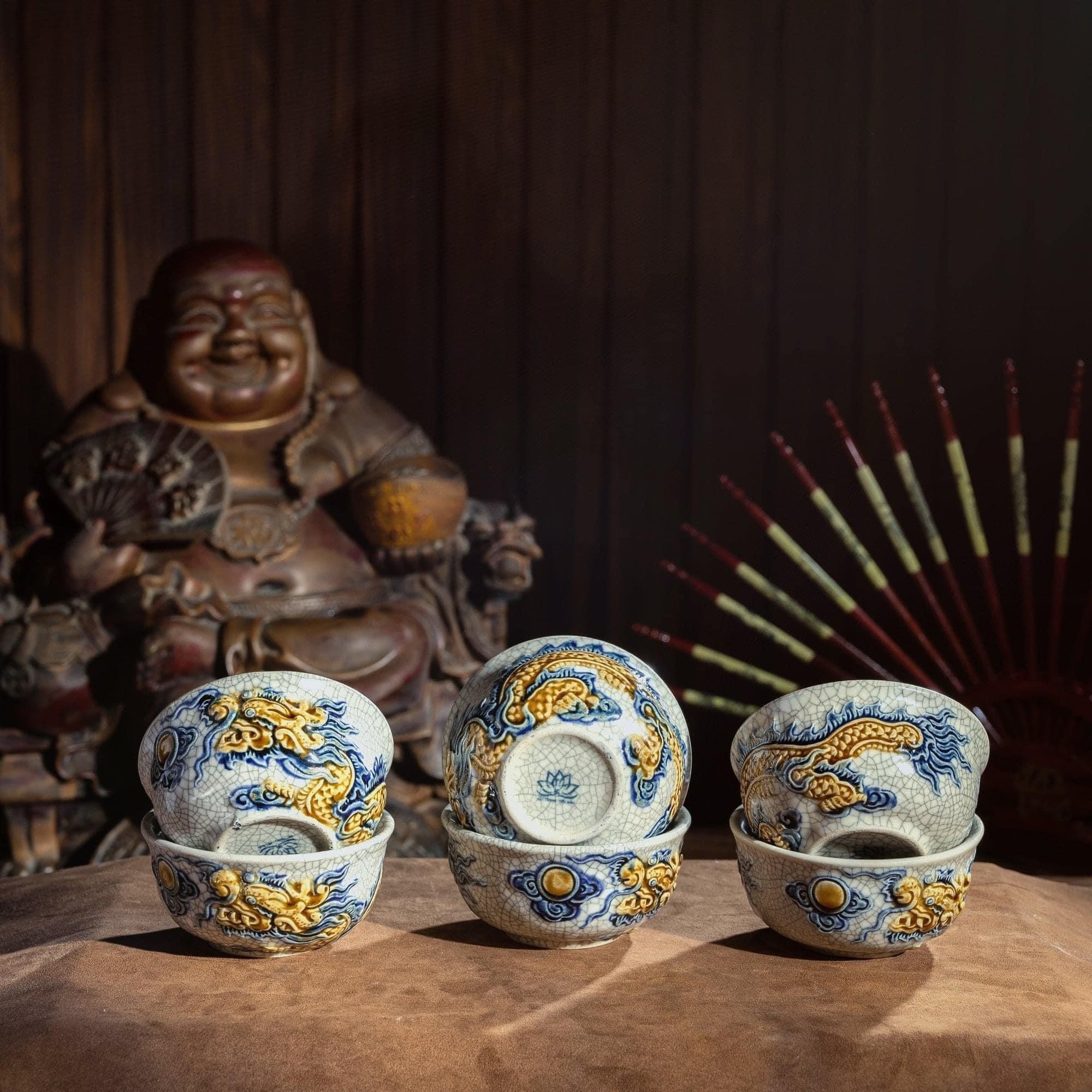  Bộ đồ thờ cúng 1 Bát hương Men Rạn đắp nổi Bát Tràng hàng Nghệ nhân MRPA04 