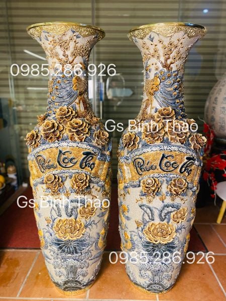  Lọ Lục Bình Phúc Lộc Thọ Men rạn đắp nổi Nghệ nhân Bát Tràng LBPLT-PA 